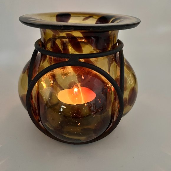 Vtg Handblown Caged Art Glass Candle Holder Vase Brutalist Wrought Iron Mexico - Picture 4 of 12